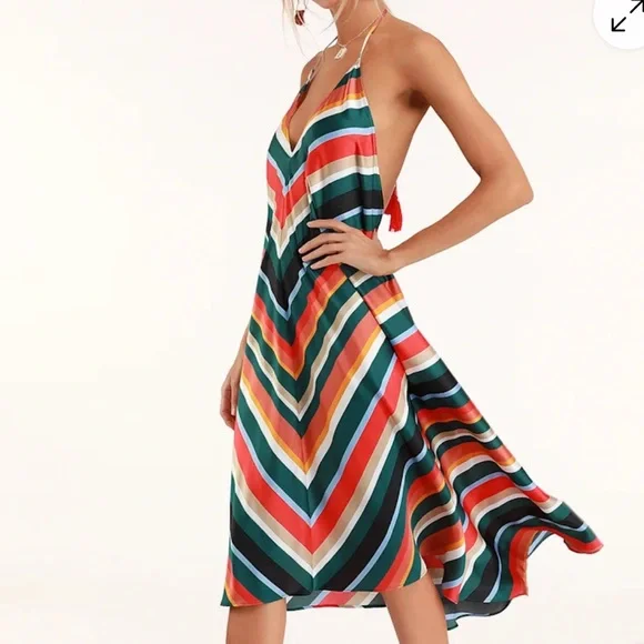 Lulus Malia Emerald Green Multi Striped Midi Dress - Size XS - Picture 4 of 8
